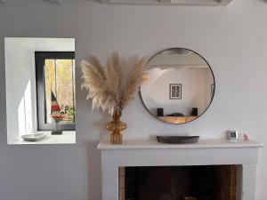 a mirror over a fireplace in a living room at Bellis in Mortagne-sur-Gironde