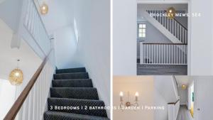 a staircase in a home with white walls and blue stairs at Stunning 3Bed 2bath family home with Garden in London