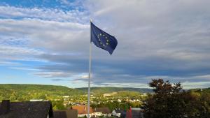 a blue flag on a pole in a city at Magnolia FeWo Rheinbrohl in Rheinbrohl