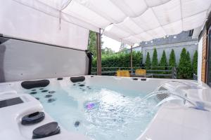 a jacuzzi tub with a water fountain at Patrikabin in Tata