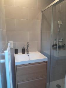 un baño con lavabo y ducha en Maison de pêcheurs, en Ault