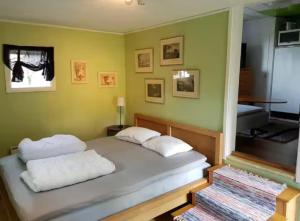 Ce lit se trouve dans un dortoir aux murs verts. dans l'établissement Cozy cottage near Hassela ski resort and nature!, 