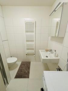 a white bathroom with a toilet and a sink at Moruse airport apartment in Prievoz +6 photos