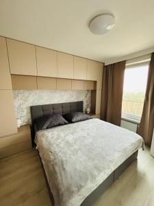 Un dormitorio con una cama grande y una ventana. en Moruse airport apartment, en Prievoz