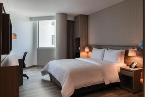 a hotel room with a large bed and a window at Hampton by Hilton Barranquilla in Barranquilla