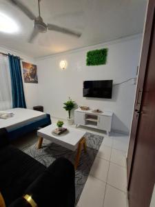 een kleine woonkamer met een bed en een televisie bij Zamara homes  +8 foto's