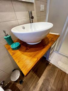 a white bowl sink on a wooden counter in a bathroom at Appartamento Revoltella16 in Trieste +13 photos