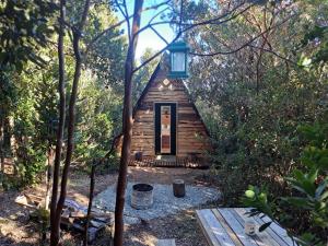 a small log cabin in the woods with a picnic table at Ko Glamping in Valdivia