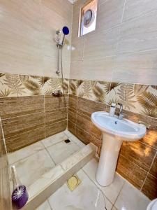 a bathroom with a sink and a shower at petra towering rock in Wadi Musa