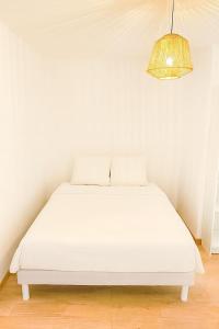 ein weißes Bett in einem Zimmer mit einer Lampe in der Unterkunft Séjour cosy près de Strasbourg avec parking in Souffelweyersheim