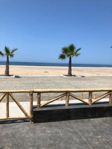 a wooden fence on the beach with two palm trees at Departamento con salida a la playa in Punta Negra