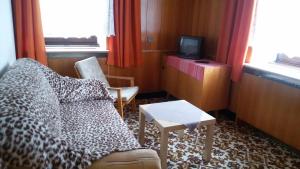 a living room with a couch and a tv at Penzion Vozzýk in Nové Hutě