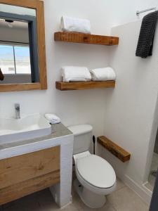 a bathroom with a toilet and a sink and a mirror at Las Casitas en Todos Santos in Todos Santos