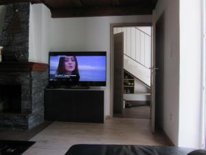 a living room with a television and a fireplace at Villa Ukanc in Bohinj