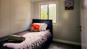 Un dormitorio con una cama con ventana. en Live like a Farmer - Private Farm Stay Experience, en Tuggerah
