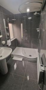 a bathroom with a shower and a toilet and a sink at Private Mini House, 5 min to City, Hotel linen in Cardiff +17 photos