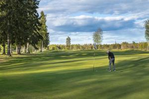 a man standing on a golf green holding a club at Lägenhetshotellet Fridhem in Krylbo