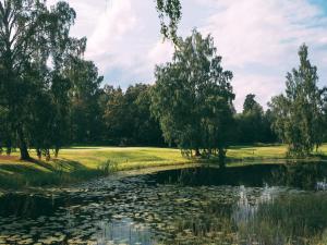 a pond with lily pads on a golf course at Lägenhetshotellet Fridhem in Krylbo