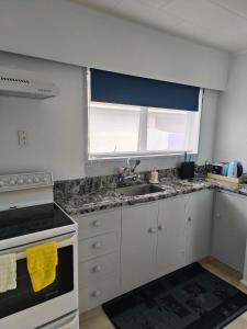 eine Küche mit einer Spüle, einem Herd und einem Fenster in der Unterkunft City Town House - Unit in Christchurch