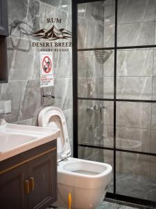 a bathroom with a white toilet and a sink at RUM DESERT BREEZE lUXURY CAMP in Wadi Rum
