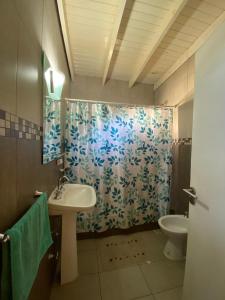 La Porteñacasa quinta的带水槽和浴帘的浴室