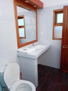 Un baño con inodoro, lavabo y espejo. en Ecolodge El descanso, en Comunidad Yumani