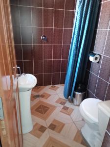 baño con aseo y cortina de ducha azul en Ecolodge El descanso, en Comunidad Yumani
