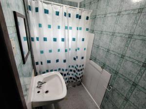Un baño con lavabo y cortina de ducha. en Subantartica Hostel House, en El Cerrillo