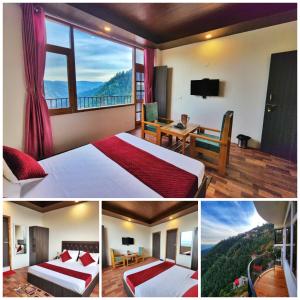 a hotel room with a bed and a desk and a window at Hotel Royal Cedar Simla in Shimla