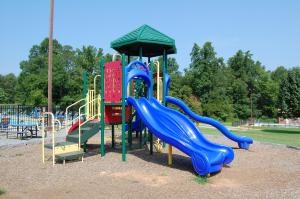 a playground with a blue slide in a park at Forest Lake Camping Resort Cabin 18 in Freewood Acres