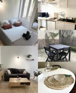 eine Collage mit Fotos von einer Küche und einem Wohnzimmer in der Unterkunft Cosy T1 30m2 avec cour en plein cœur de ville in Marmande + 6 Fotos