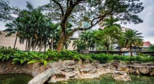 マニラにあるF1 Hotel Manilaの岩壁と木々、水のある公園