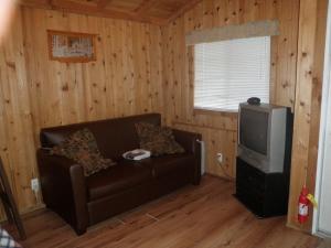 a living room with a couch and a tv at Seaside Camping Resort Studio Cabin 4 in Seaside