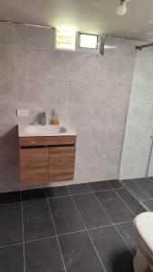 une salle de bain avec un lavabo et des toilettes dans l'établissement Hermosa casa en Cartago V, à Cartago