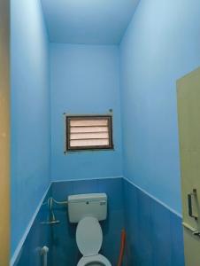 a blue bathroom with a toilet and a window at KHS Keshav-U in Ambāsamudram