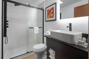 a bathroom with a sink and a toilet and a shower at Baymont by Wyndham Lancaster PA Dutch Country in Lancaster +51 photos