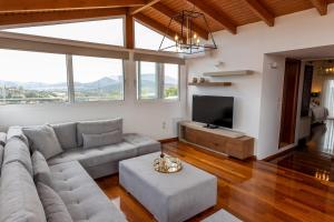 a living room with a couch and a tv at Olive Grove Villa in Koropíon