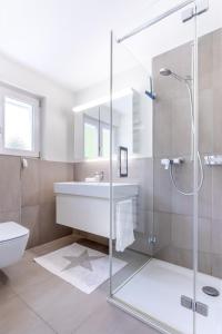 a bathroom with a shower and a sink and a toilet at Alpine Lodge 63 in Andermatt +10 photos