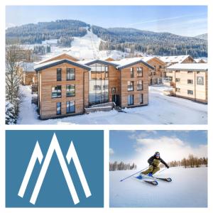 two pictures of a man skiing in front of a building at Kreischberg Suites by ALPS RESORTS in Sankt Lorenzen ob Murau