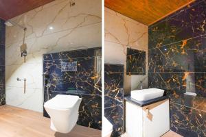 two pictures of a bathroom with a toilet and a sink at Townhouse Shivamogga Railway Junction Formerly Amma Residency in Shimoga