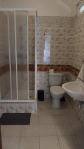 a bathroom with a toilet and a shower and a sink at Perła Dalików in Dalików