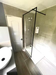 a bathroom with a shower and a toilet and a sink at Blackthorne in Lichfield