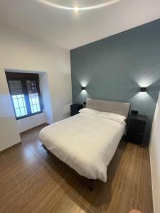 a bedroom with a white bed and a blue wall at Arco de las descalzas in Úbeda