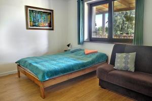 a bedroom with a bed and a couch and a window at Agrosfera dom relaksacyjny in Zwierzewo