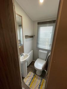 ein Badezimmer mit einer weißen Toilette und einem Waschbecken in der Unterkunft 3 Bed Presthaven in Talacre