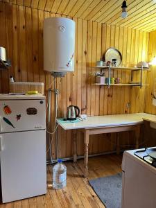 a kitchen with a white refrigerator and a table in it at Те Село in Velyka Volosyanka