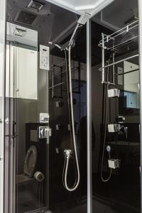 a bathroom with a shower and a toilet at Apartmenthaus in Halle-Saale nähe Hauptbahnhof in Halle an der Saale