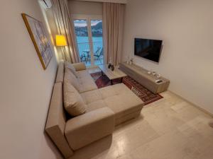 a living room with a couch and a television at Delmare Lake view house in Kastoria