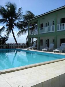 - une piscine en face d'un bâtiment avec un palmier dans l'établissement Pousada Asa Branca, à Mangue Seco