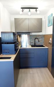 a kitchen with blue cabinets and a sink at Chez Pierre in Narbonne